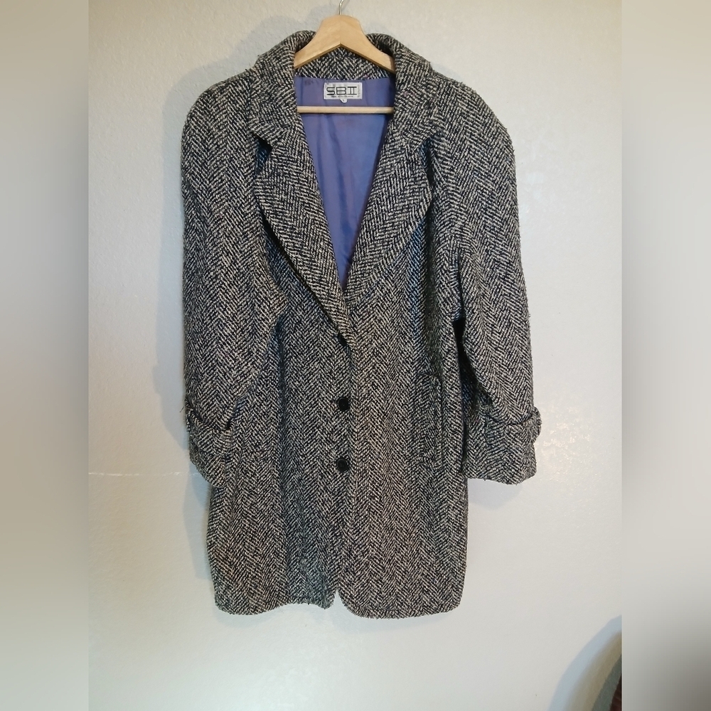 SBII By Bitterman Wool Blend  Herringbone Tweed Long Over Coat Vintage